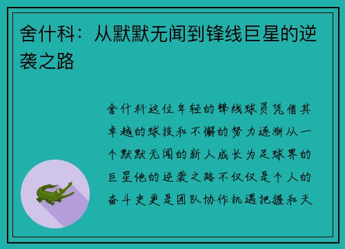舍什科：从默默无闻到锋线巨星的逆袭之路